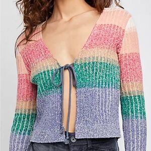 Free People Trouble Maker Tie Front Cardigan Rainbow Boho Cropped Festival GNO M